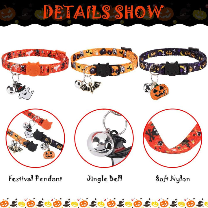 Zgardă pentru pisici de Halloween, set de 3, moale, reglabilă, cu clopoțel și pandantiv, pentru pisici și pisoi, imprimare prin transfer termic