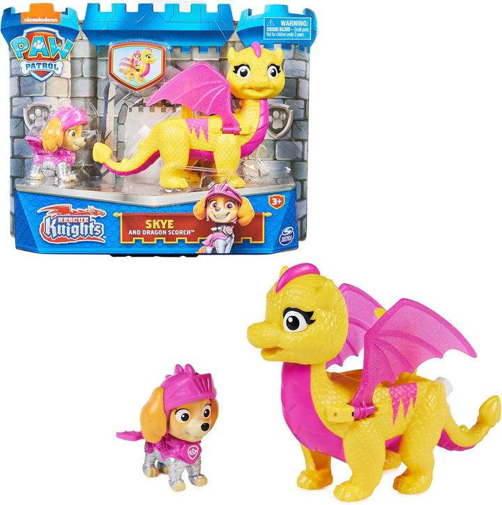 PAW PATROL, Rescue Knights Rocky și Dragon Flame set de figurine de acțiune, jucărie potrivită pentru copii cu vârsta de peste 3 ani
