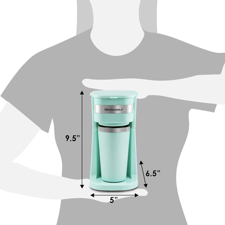 Elite Gourmet EHC113M# Cafetieră cu filtru cu porție unică, compactă, personală, cu cană de călătorie termo din oțel inoxidabil în interior, pentru cafea măcinată, filtru reutilizabil, verde mentă, 400 ml