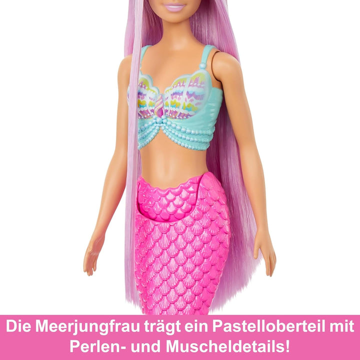 Păpușa Barbie Mermaid - cu păr lung roz și accesorii pentru styling personalizat, inclusiv perie, cochilie frumoasă și aripioare roz, pentru copii de la 3 ani, HRR00