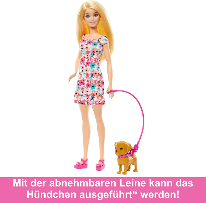 Păpușă Barbie Dog Duo și accesorii, inclusiv câine mic și câine mare cu scaun cu rotile, lesă, bol de mâncare, pat pentru animale de companie și tratează oasele, pentru copii de la 3 ani, HTK37