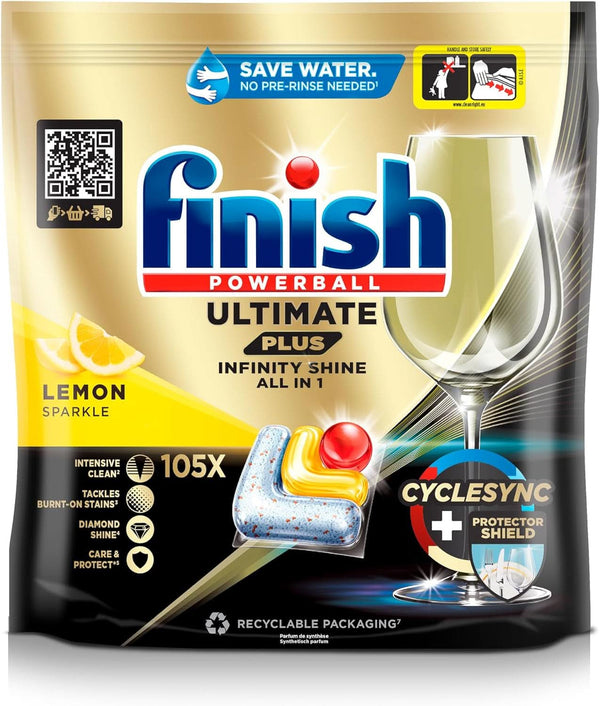 Finish Ultimate plus Infinity Shine Citrus Dishwasher Tabs - Tablete pentru mașină de spălat vase, curățare intensivă - 105 capsule, lămâie