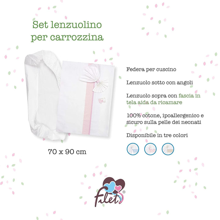Set de lenjerie de pat Carrycot alb și roz, format din 1 cearșaf cu colțuri, 1 cearșaf de sus cu panglică Aida pentru broderie și 1 față de pernă, 100% bumbac, Made in Italy