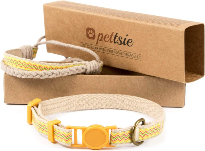 Zgardă pentru pisică Pettsie cu încuietoare de siguranță și brățară a prieteniei pentru ea, bumbac rezistent, inel D pentru accesorii, mărime reglabilă 19-29 cm, galben