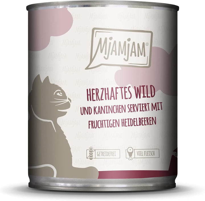 Mjamjam - Hrană umedă premium pentru pisici - Mixpaket II - Game & Rabbit, Turkey & - Hrană umedă premium pentru pisici - Pui suculent cu morcovi gustoși, pachet de 6 (6 X 800 G)