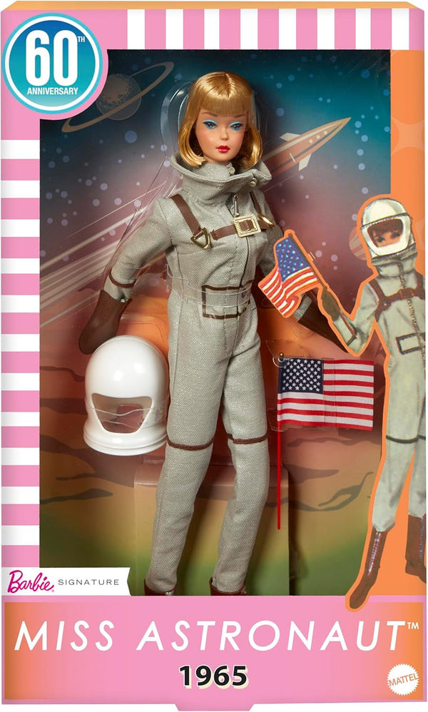 Mattel Barbie Miss Astronaut păpușă de colecție cu costum argintiu, cizme spațiale și accesoriu cască, reproducere vintage a originalului din 1965, JBJ48