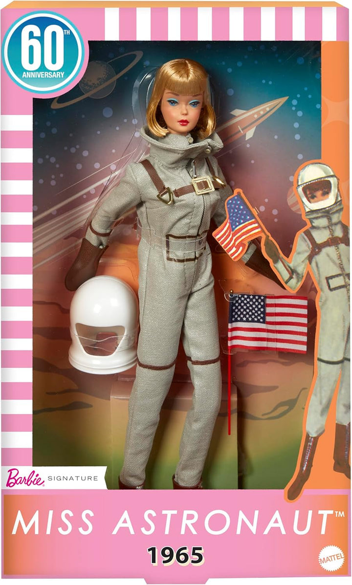Mattel Barbie Miss Astronaut păpușă de colecție cu costum argintiu, cizme spațiale și accesoriu cască, reproducere vintage a originalului din 1965, JBJ48