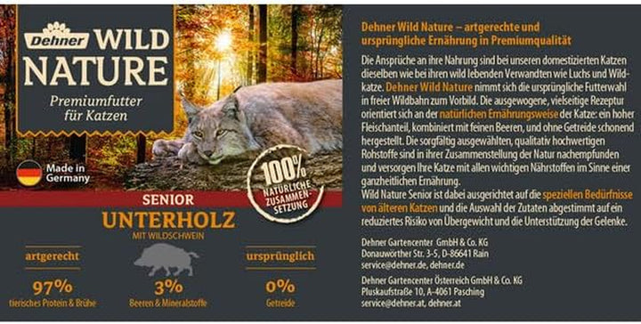 Dehner Wild Nature Cat Food Undergrowth, Hrană umedă fără cereale / fără zahăr, Pentru pisici mai în vârstă, Mistreț, cutie 6 X 200 G (1,2 kg)