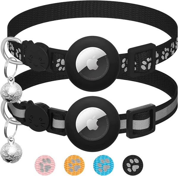 Pachet de 2 compatibil cu zgarda Airtag pentru pisici cu clopoțel, tracker GPS reflectorizant pentru pisici compatibil cu husa Apple Airtag, personalizat compatibil cu zgarda Airtag pentru pisici cu încuietoare de siguranță