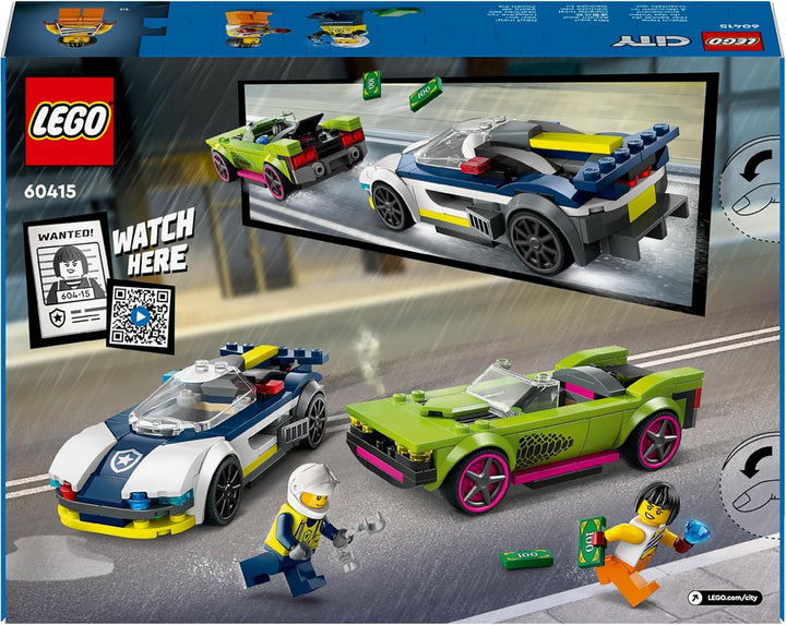 LEGO City Car Chase cu mașină de poliție și mașină cu mușchi, tren de jucărie cu 2 mașini de curse, cadou de poliție pentru copii, băieți și fete de la 6 ani, set cu polițist și minifigurine Ganovin 60415