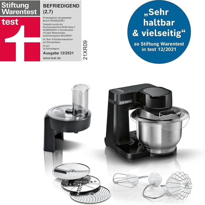 Bosch Küchenmaschine Serie 2 MUMS2EB01, Edelstahl-Schüssel 3,8 L, Planetenrührwerk, Knethaken, Schlag-, Rührbesen Edelstahl, Durchlaufschnitzler, 3 Scheiben, 700 W, Schwarz