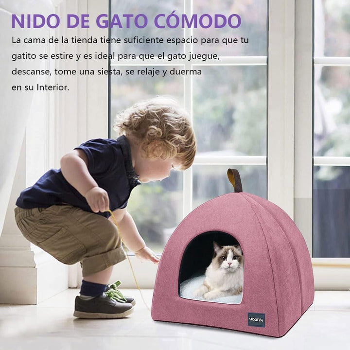 Pat pentru pisici, Peșteră moale pentru pisici, Pat pentru pisici din pluș moale și cald, Cuib pentru pisici cu pernă interioară detașabilă și lavabilă, Roz, M