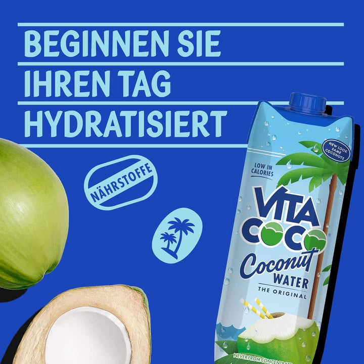 Vita Coco Pure Coconut Water 6 x 1litru, hidratant natural cu electroliți, fără gluten, plin de vitamina C și potasiu