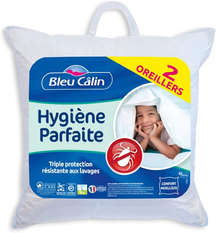 Bleu Câlin Set de 2 perne dreptunghiulare anti-acarieni, anti-bacterii, confort pufos, T 60X60 Cm, 100% bumbac, sortiment igienă perfectă