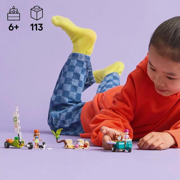 LEGO Friends Beach Adventure cu câini, jucărie de construcție pentru fete de la 6 ani, set de joacă pentru animale cu 2 minifigurine și 2 figuri Corgi, cadou pentru copii creativi, set de construcție de aventură cu placă de surf 42641