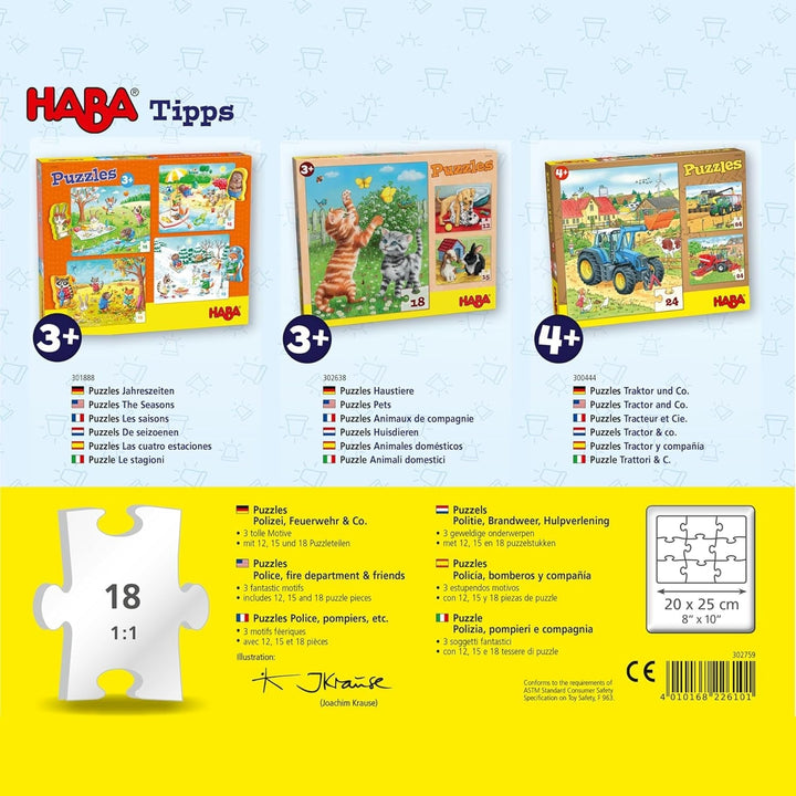 HABA Fire Brigade Puzzle - Set de 3 piese pentru copii cu vârsta de 3 ani și peste, puzzle din carton cu motive de poliție și ambulanță - Promovează abilitățile motorii fine și concentrarea - 1302759001