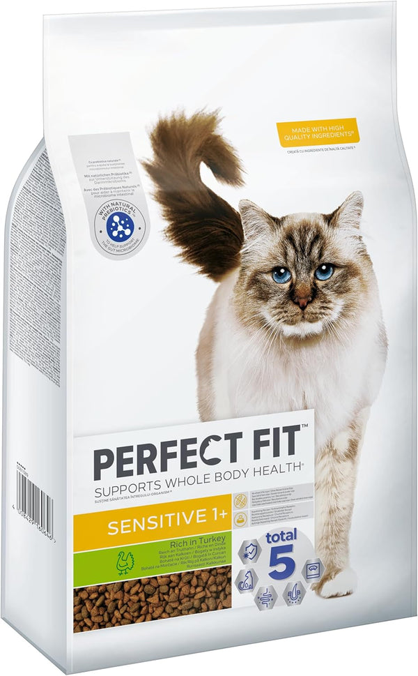 Hrană uscată pentru adulți PERFECT FIT pentru pisici sensibile de peste 1 an - curcan, 7 kg (1 pungă)