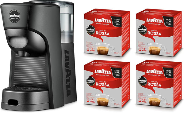 Lavazza, a Modo Mio Aparat de cafea Tiny Eco Black Cu 64 de capsule de calitate roșie incluse, espressor fabricat din plastic reciclat, 1450 W, 220-240 V, 50/60 Hz, 0,6 litri