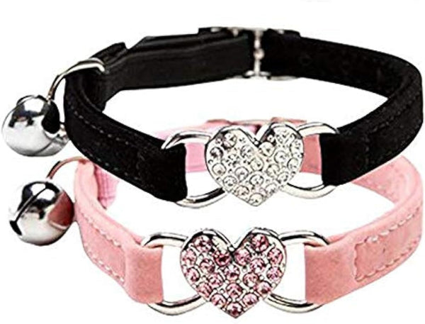 Zgardă reglabilă pentru pisică cu clopoțel și pandantiv în formă de inimă cu pietre de cristal, material moale de catifea, zgardă sigură, 20,3-28 cm