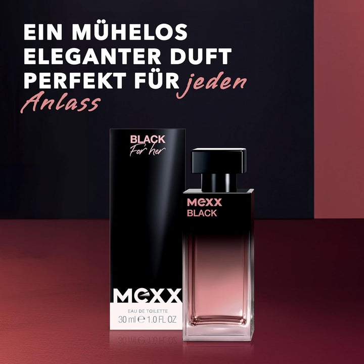 Apă de toaletă MEXX BLACK Woman, parfum captivant și intens cu note fructate pentru femei senzuale, 30 ml