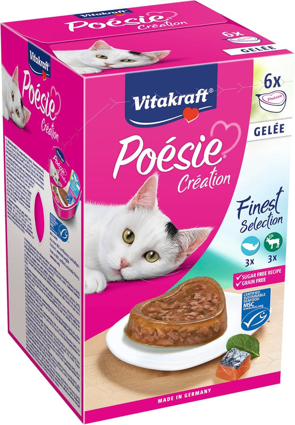 Vitakraft Poésie Création, Finest Selection, hrană umedă pentru pisici, hrană umedă pentru pisici Jelly, cu somon și spanac, cu vânat în jeleu de afine, fără zahăr adăugat și cereale (1 pachet cu 6X 85G)