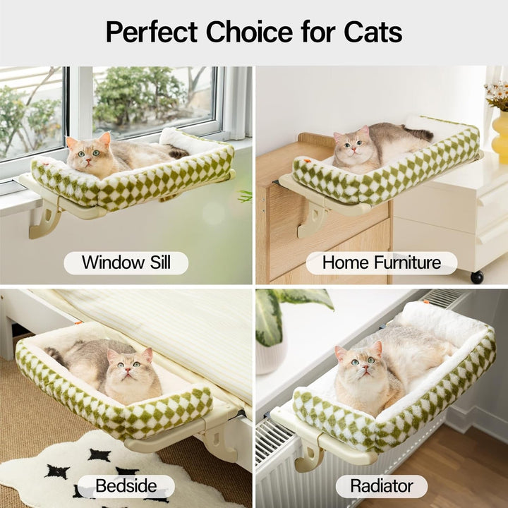 MEWOOFUN Hamac pentru Pisici, Pat pentru Pisici, Pervaz pentru Pisici - 50 x 36 cm, Pat pentru Pisici Încălzit, Hamac cu Pat Moale, Ventuză Detașabilă, Capacitate 18 kg (Gree L - cu Covoraș)