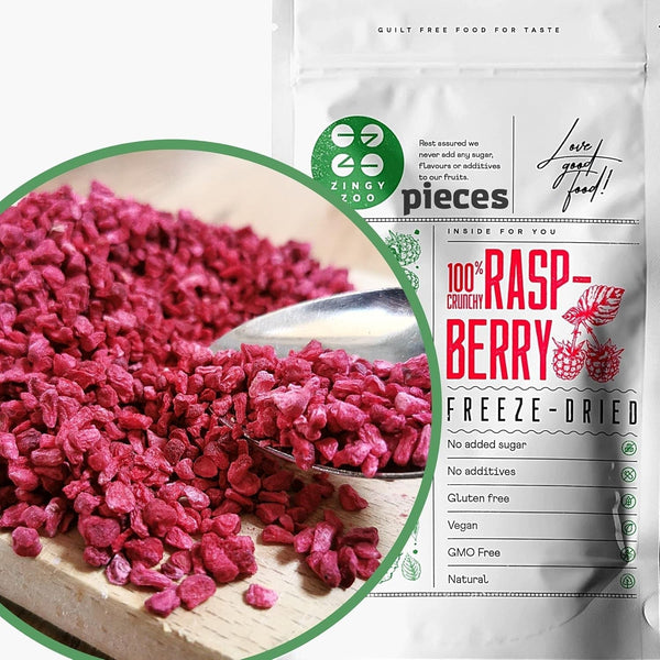 Bucăți de zmeură liofilizate | Fructe liofilizate liofilizate | Zmeură liofilizată fără gluten | Zmeură liofilizată | ZingyZoo (100g) Produse deshidratate Naty Shop 100G