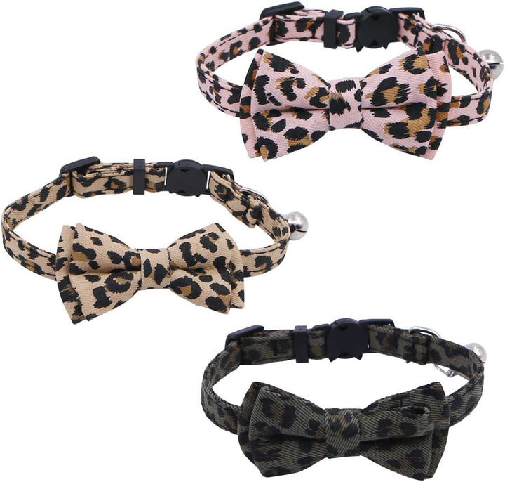 Zgărzi pentru pisici, pachet de 3, imprimeu leopard, reglabile, cu clopoțel, 20-23 cm, pentru pisici de talie mică, modele drăguțe, cataramă în formă de față de pisică