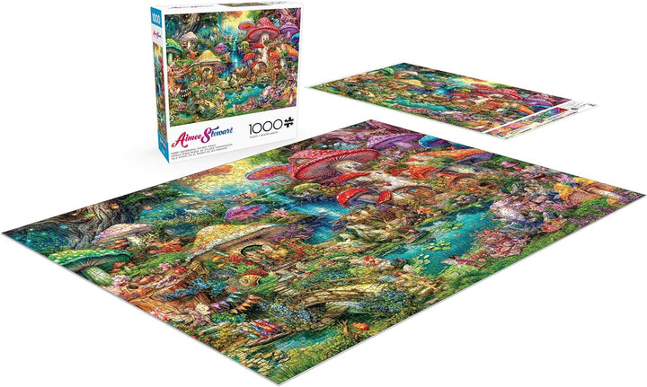 Buffalo Games - Aimee Stewart - Merry Mushroom Village Picnic - Puzzle de 1000 de piese pentru adulți, puzzle provocator, perfect pentru serile de jocuri - Ready Made Size 26.75 X 19.75 Cm