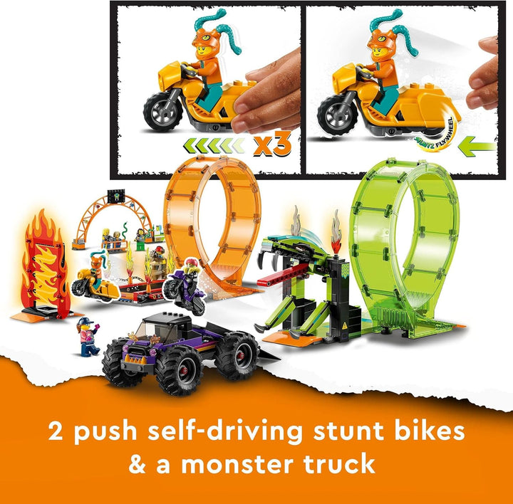 LEGO 60339 City Stuntz Stuntz Show Double Looping Set, Incl. rampă, monster truck, 2X motocicletă și 7 minifigurine, jucărie pentru copii cu vârsta peste 7 ani