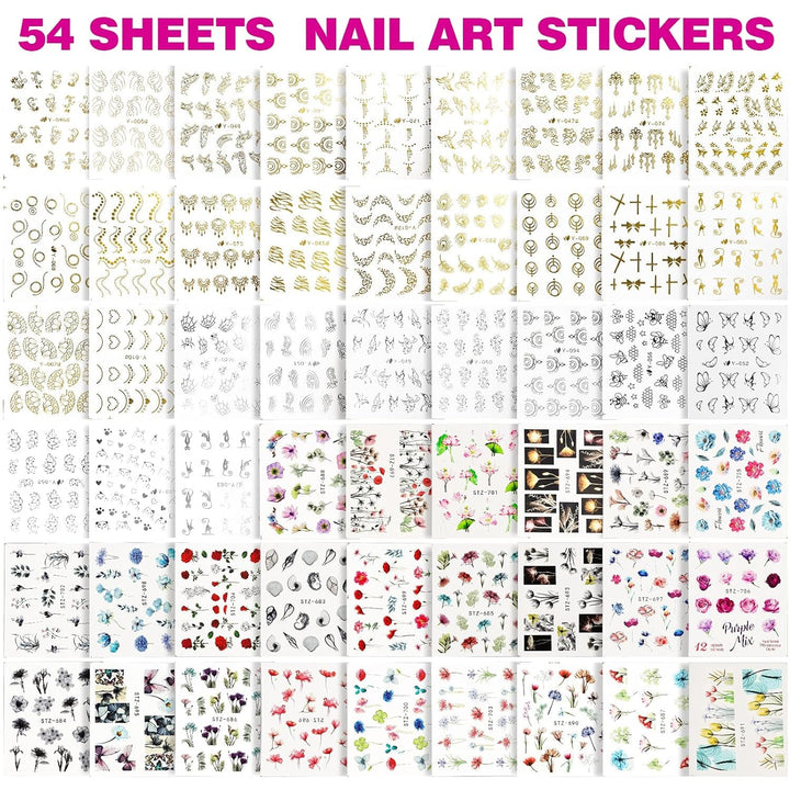 FANDAMEI 54 Blätter Wassertransfer Nagelsticker & Nail Art Pinsel Set, Dotted Pens, Blattgold Für Nagelkunst, Streifenband, Strasssteine, Werkzeug Und Dekorationen Set Für Nagelkunst Maniküre Set