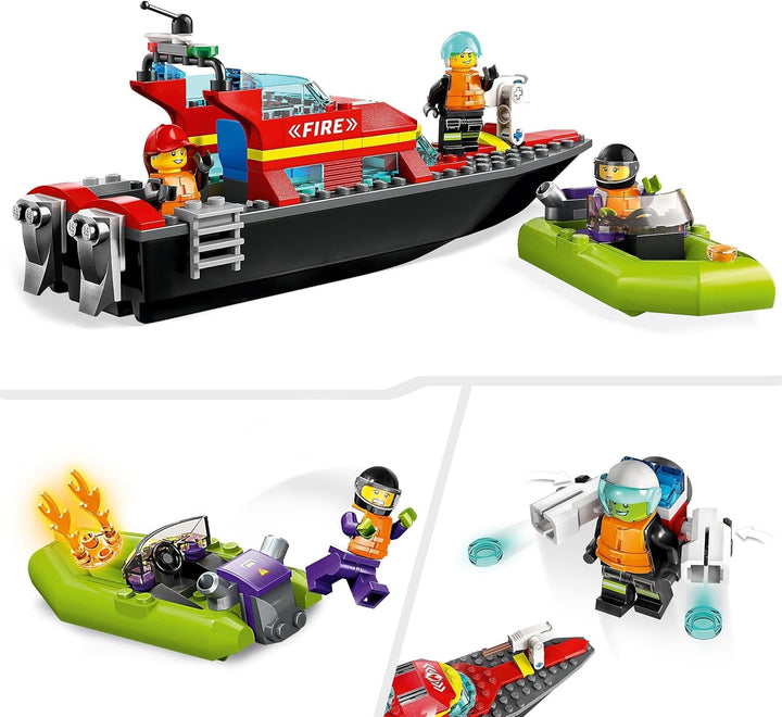 LEGO 60373 City Fire Boat, jucărie care plutește în apă, cu barcă de curse, 3 minifigurine și Jetpack, idee de cadou pentru băieți și fete de la 5 ani în sus