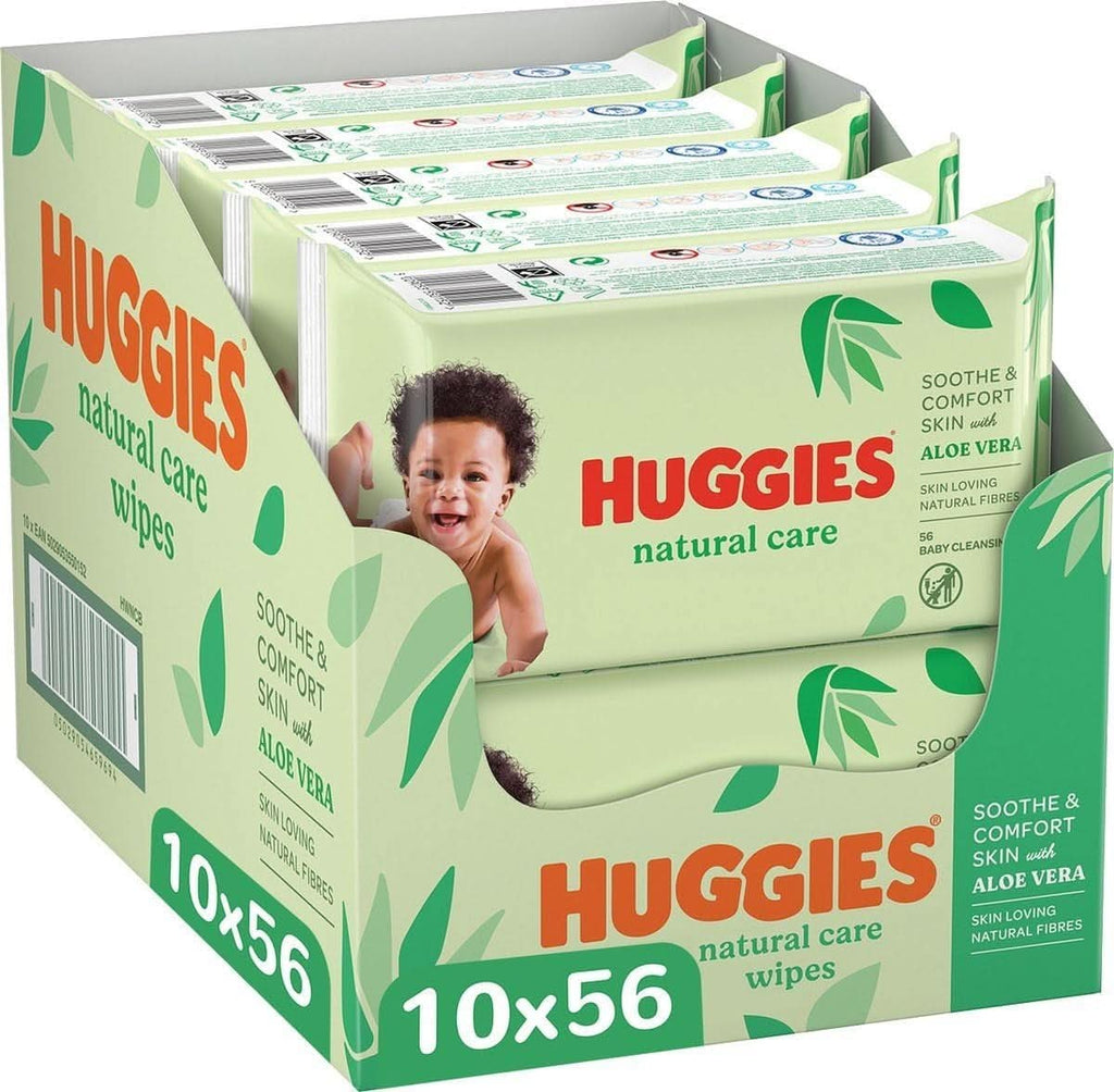 Huggies® Natural Care Babytücher, 10X56 Tücher, Hergestellt Aus Hautpflegefasern Für Eine Gesunde Haut – Babytücher Angereichert Mit Aloe Vera