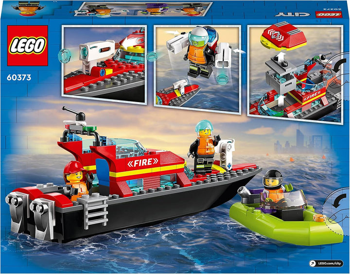 LEGO 60373 City Fire Boat, jucărie care plutește în apă, cu barcă de curse, 3 minifigurine și Jetpack, idee de cadou pentru băieți și fete de la 5 ani în sus
