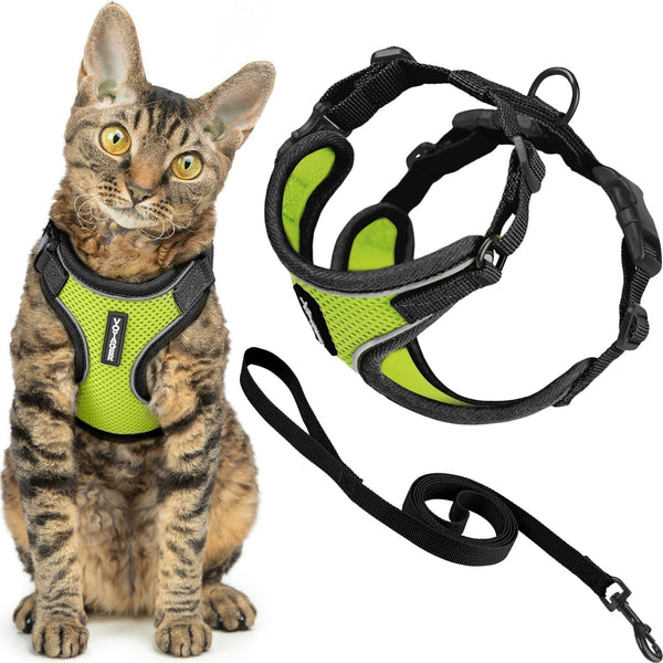 Kit Voyager, Ham anti-evadare pentru pisici cu lesă de 1,5 m, cusături reflectorizante, mâner din neopren, pentru pisici mici, medii și mari, garnitură verde lime/negru, mărimea XS