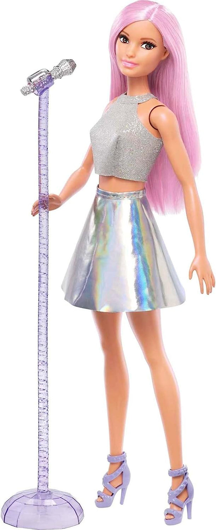 Păpușa Barbie Pop Star îmbrăcată într-o fustă strălucitoare, cu microfon și păr roz, cadou pentru copii de la 3 la 7 ani, JCW42, Dazzling