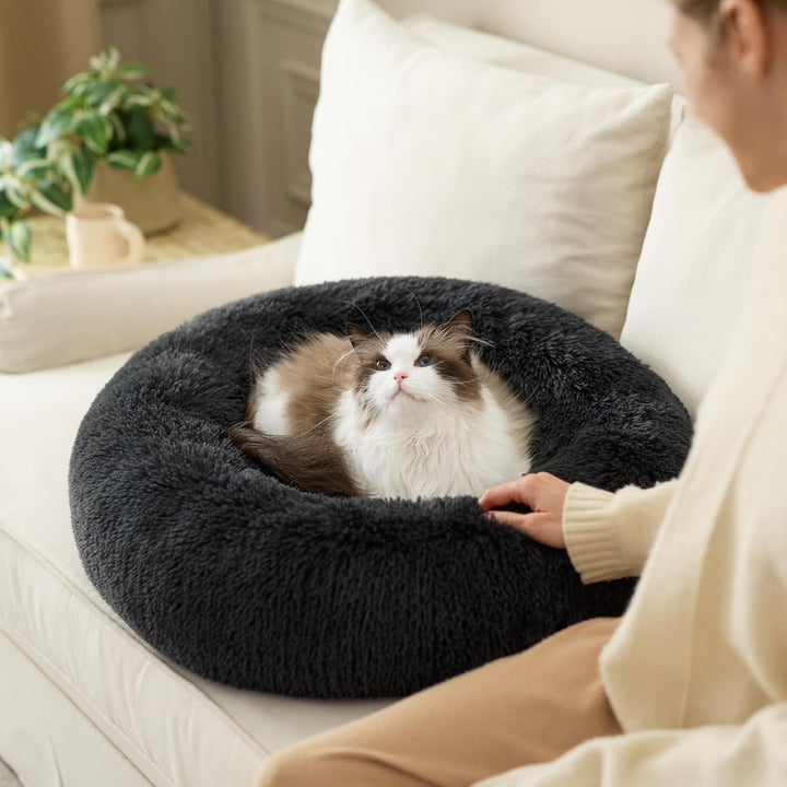 BEDSURE Pat pentru câini, lavabil, pufos, pat pentru pisici - pernă tip gogoașă Ø 50 cm, loc de dormit pentru pisici, câini mici și medii, pernă pluș pentru pisici, pat rotund pufos, gri închis