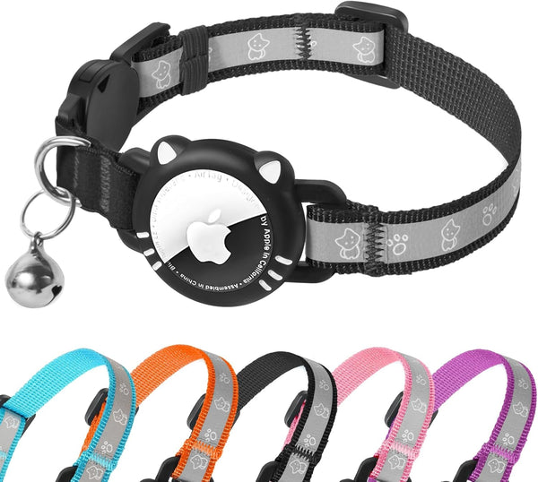 Zgardă pentru pisici Agoumlux Airtag, reflectorizantă, cu închidere de siguranță, cu clopoțel, cu carcasă Airtag reglabilă pentru pisici, negru, S (23-33 cm)