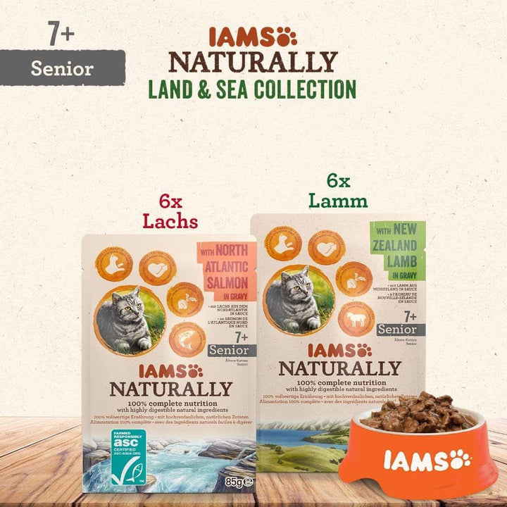 IAMS Naturally Senior Cat Food Wet in Sauce - Hrană umedă de înaltă calitate cu carne și pește pentru pisici în vârstă, Land & Sea Collection, 12 X 85 G