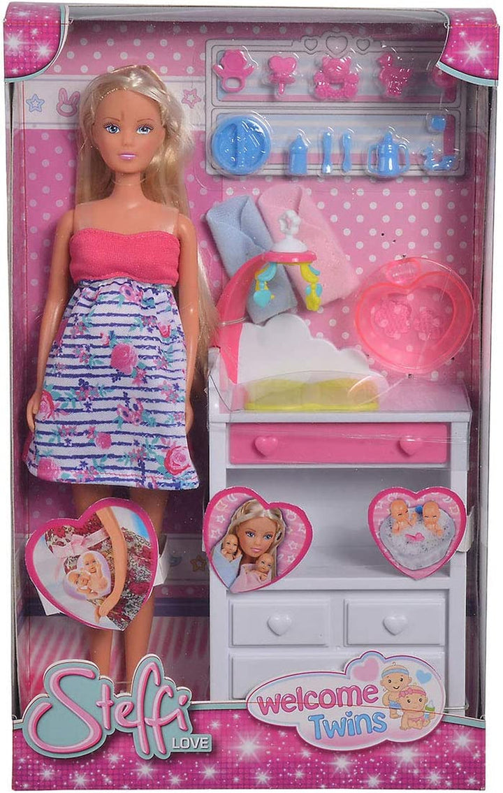 Simba 105733333 - Steffi Love Welcome Twins, Păpușă însărcinată, Cu gemeni, Cu masă de schimbat și cadă, Accesoriu, Păpușă de îmbrăcat, 29Cm, Pentru copii de la 3 ani în sus