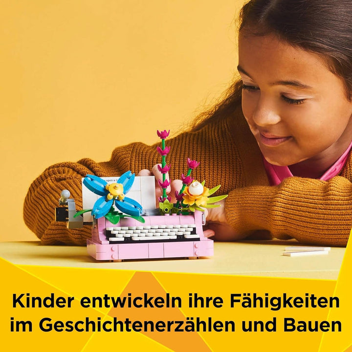 LEGO Creator 3In1 Mașină de scris cu flori - jucărie convertibilă într-un model Keytar sau într-un ghiveci de flori cu blocnotes și stilou - set de construcție - cadou pentru fete și băieți de la 8 ani 31169