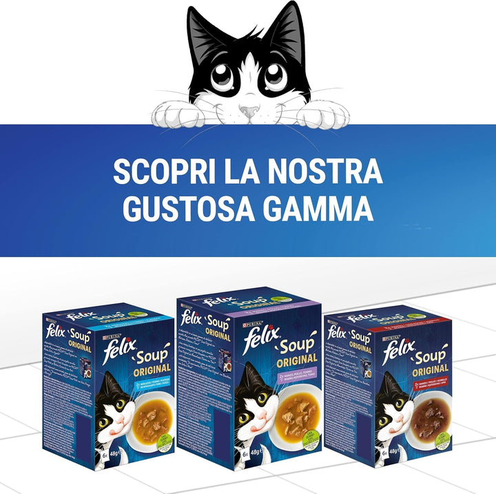 Purina Soup Original Hrană umedă pentru pisici cu carne de vită, pui și ton, 8 pachete a 48 de pungi a câte 48 g