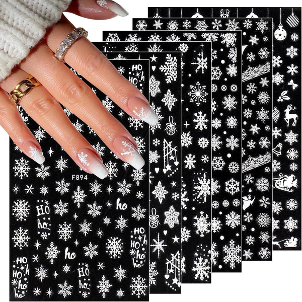 JMEOWIO Nagelsticker Weihnachten 8 Blatt Nagelaufkleber Selbstklebend Weiße Schneeflocken Winter Nail Art Sticker Dekoration Nageldesign Zubehör