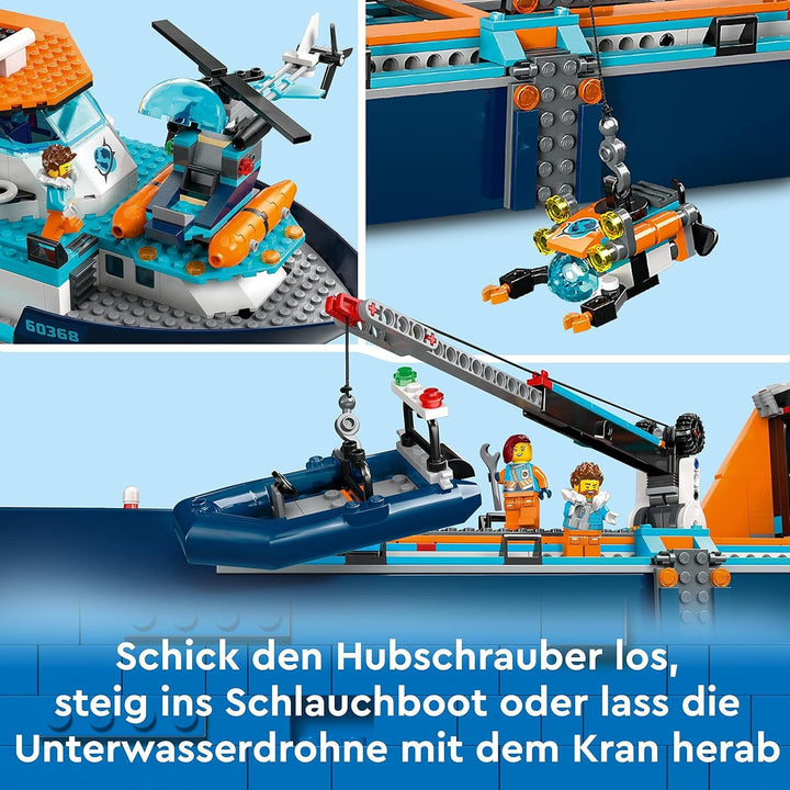 LEGO City Arctic Research Ship, barcă mare de jucărie plutitoare cu elicopter, barcă pneumatică, submarin Rov, epavă vikingă, 7 minifigurine și figură Orca, cadou pentru copii cu vârsta de 7+ 60368