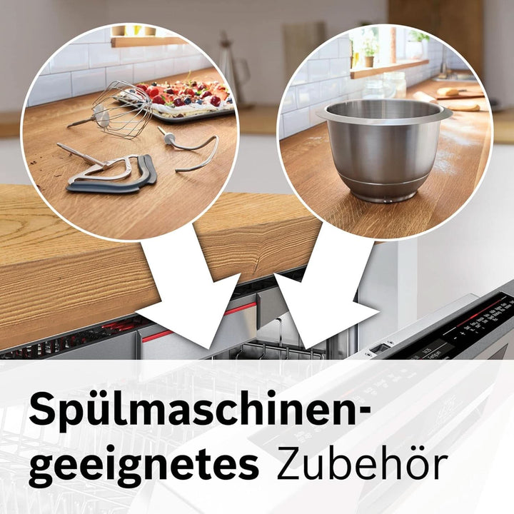 Bosch Küchenmaschine Serie 4 MUM5X720, Integrierte Waage,Edelstahl-Schüssel 3,9L, Mixer 1,25L, Profi-Knethaken, Planetarisches Rührgetriebe, Rührbesen, Durchlaufschnitzler, 1000 W, Dunkelrot/ Silber