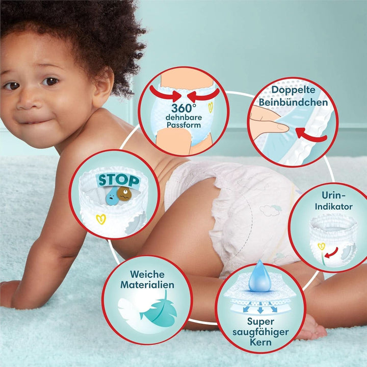 Pampers Baby Nappies Pantaloni mărimea 5 (12-17Kg) Premium Protection, Junior cu buzunar Stop and Protect, 144 scutece Panty