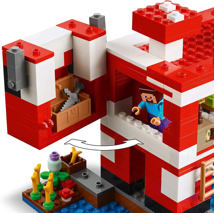LEGO Minecraft The Mushroom Cow House, jucărie de construit pentru jocul video, model în țara ciupercilor cu minifigurine, Steve și alte personaje, set de joacă pentru băieți și fete de la 8 ani 21270