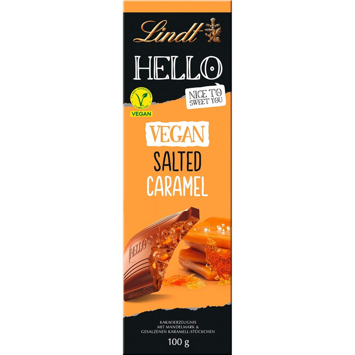 Lindt Schokolade HELLO Tafel Vegan Salted Caramel | 100 G Tafel | Vegan Mit Kakao, Mandelmark, Karamellzucker Und Einem Hauch Von Salz | Schokoladengeschenk