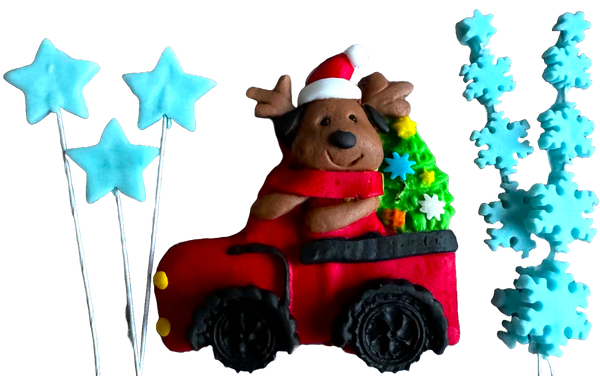 Lot de 6 décorations comestibles en pâte à sucre, Noël, voiture, ourson, étoiles et flocons de neige