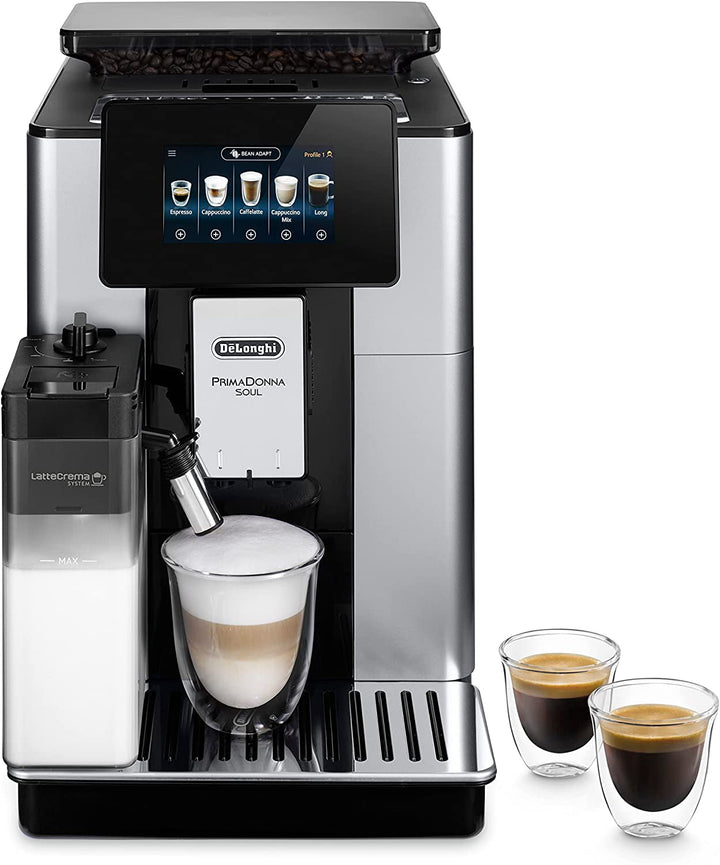 Aparat de cafea complet automat De'Longhi Primadonna Soul Perfetto ECAM 612.55.SB cu sistem de lapte Lattecrema și tehnologie Bean Adapt, 18 rețete, cu control prin aplicație cu afișaj color, argintiu/negru